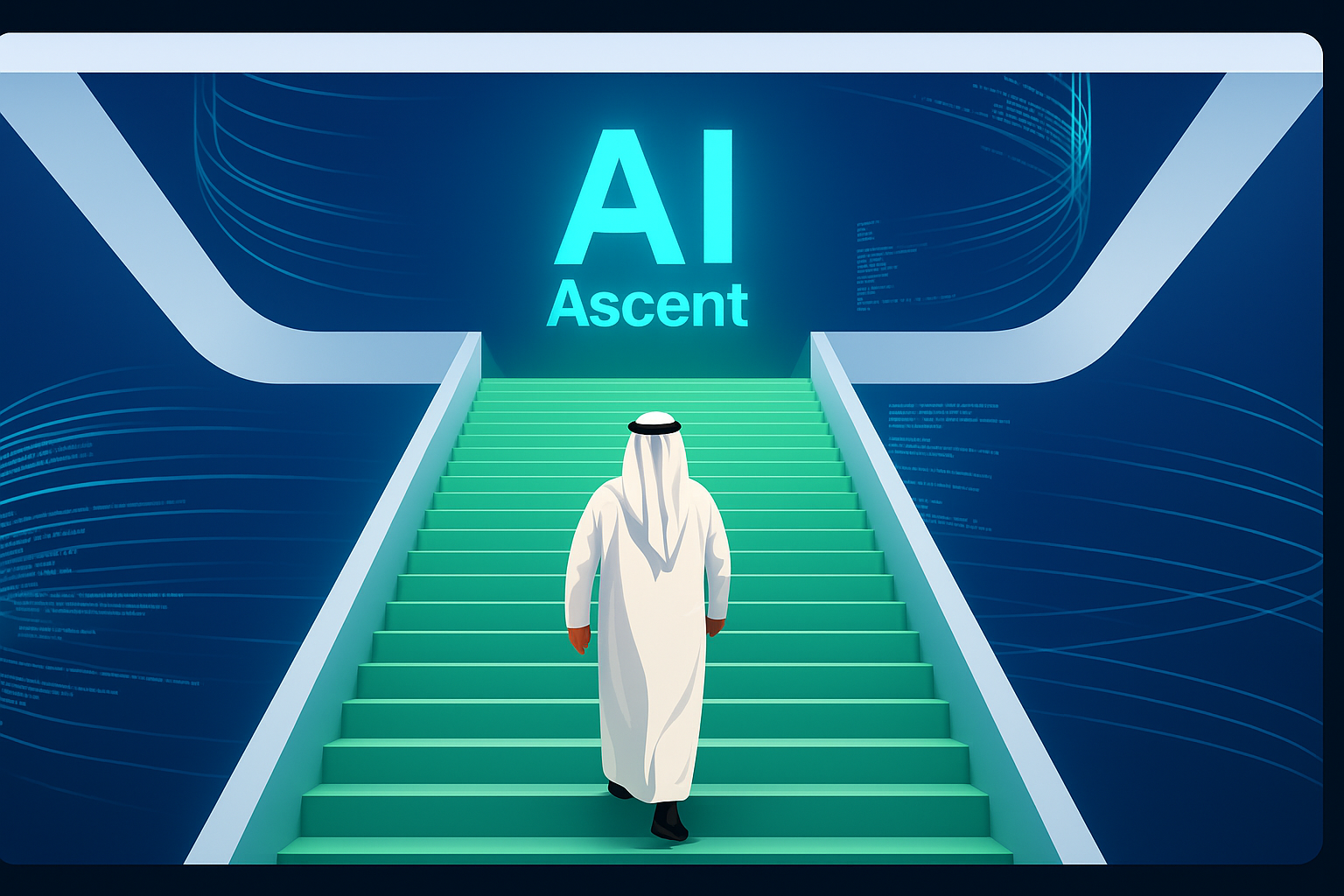 Person in traditional Middle Eastern attire climbing illuminated green stairs toward AI excellence, representing the journey of transformation with flowing digital data streams in the background