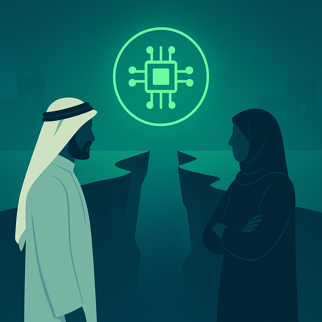 Two people in traditional Middle Eastern attire facing each other with a microchip icon above them