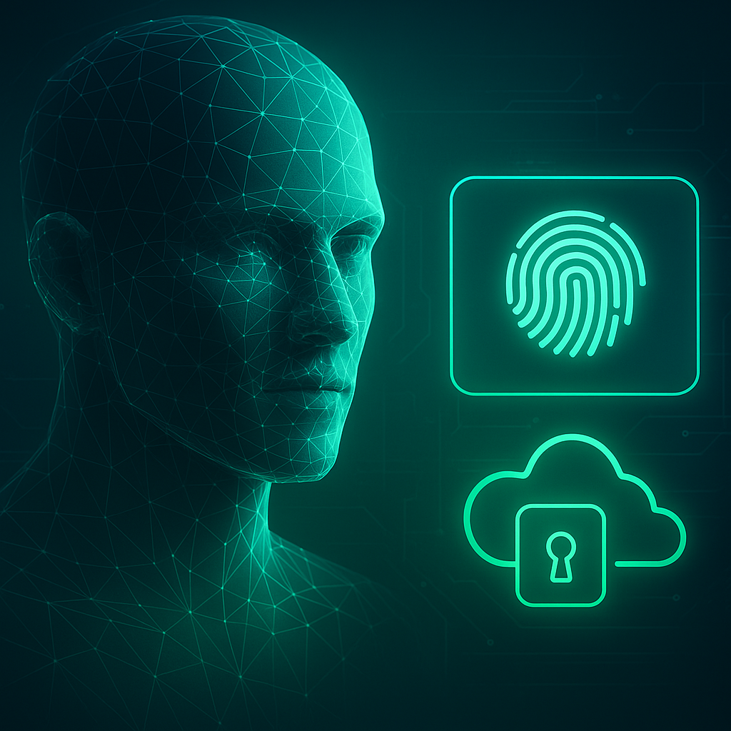 Digital wireframe head with fingerprint and secure cloud icons representing AI identity systems