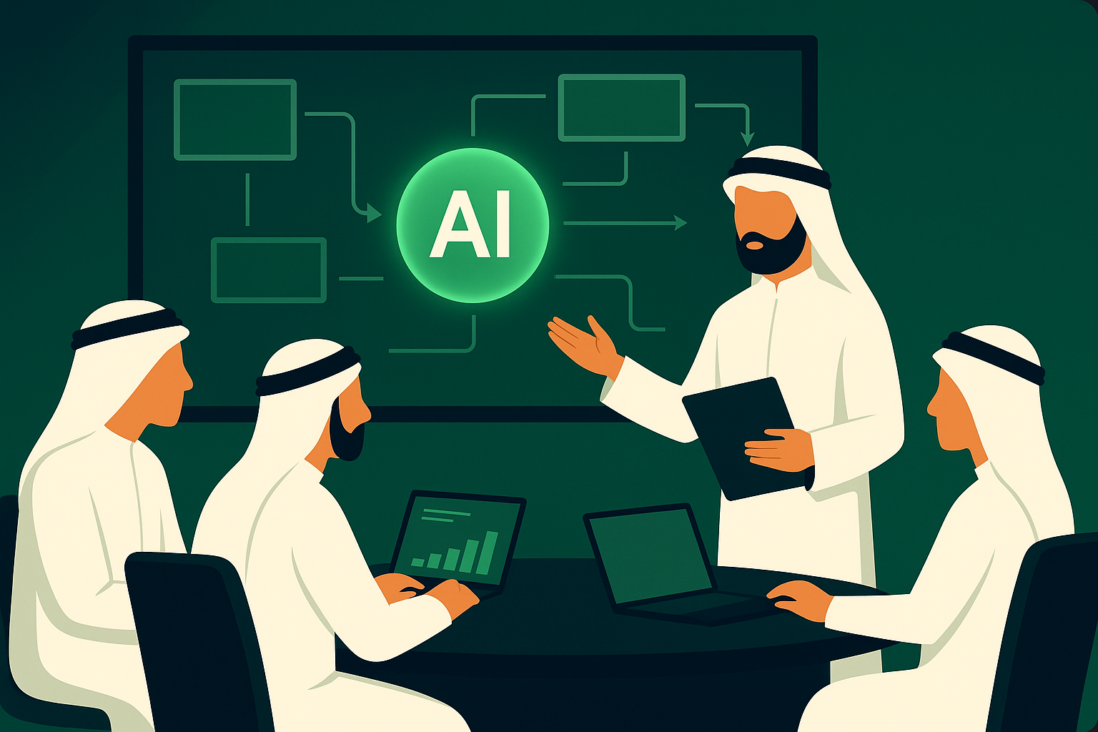Business strategy meeting with people in traditional Middle Eastern attire around a conference table with AI integration flowchart and analytics on laptops