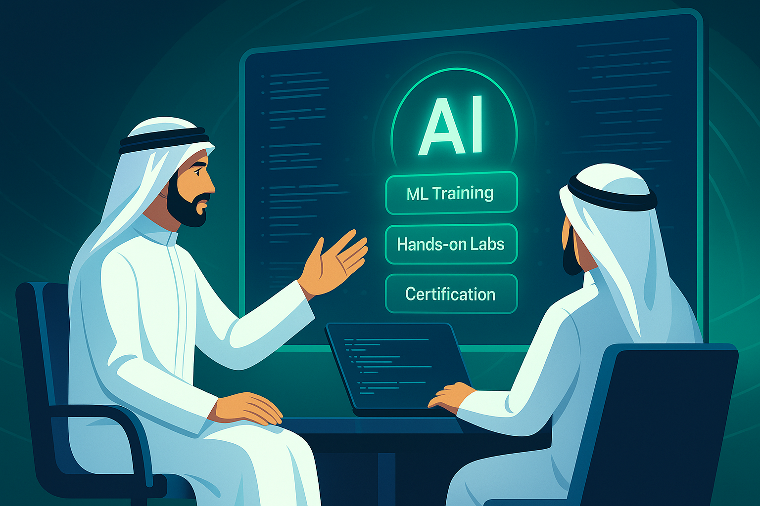 Two people in traditional Middle Eastern attire in a training session with AI learning interface showing ML Training, Hands-on Labs, and Certification