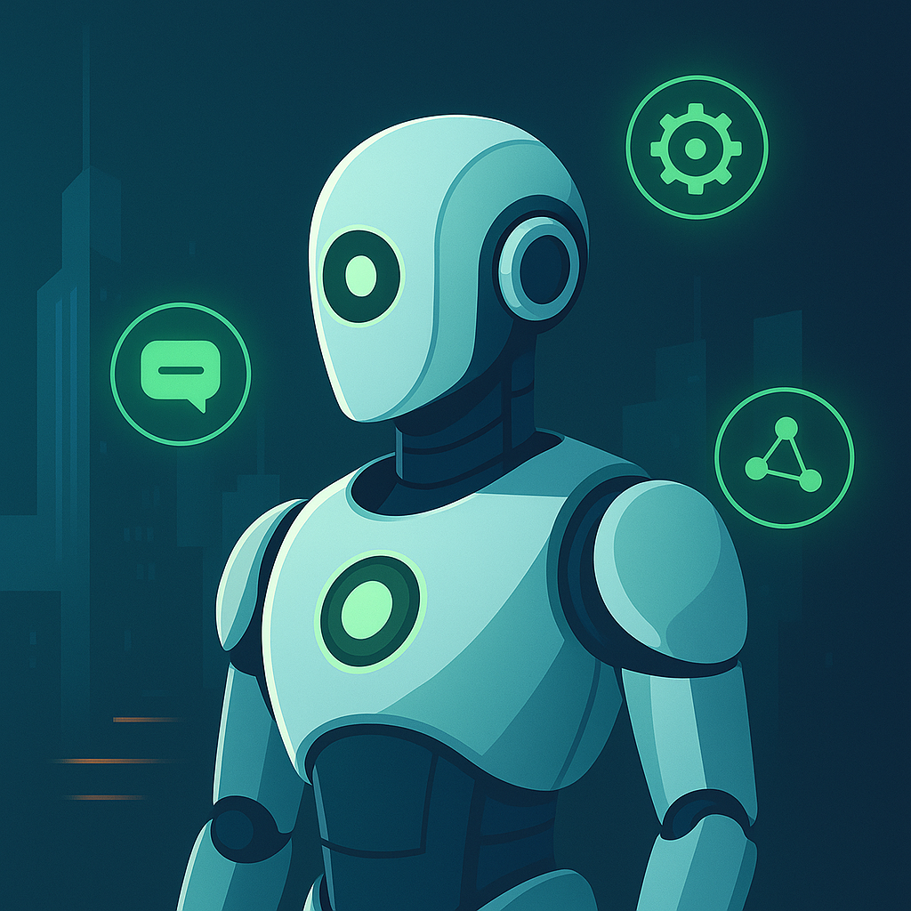 Friendly AI robot with green glowing elements and floating capability icons