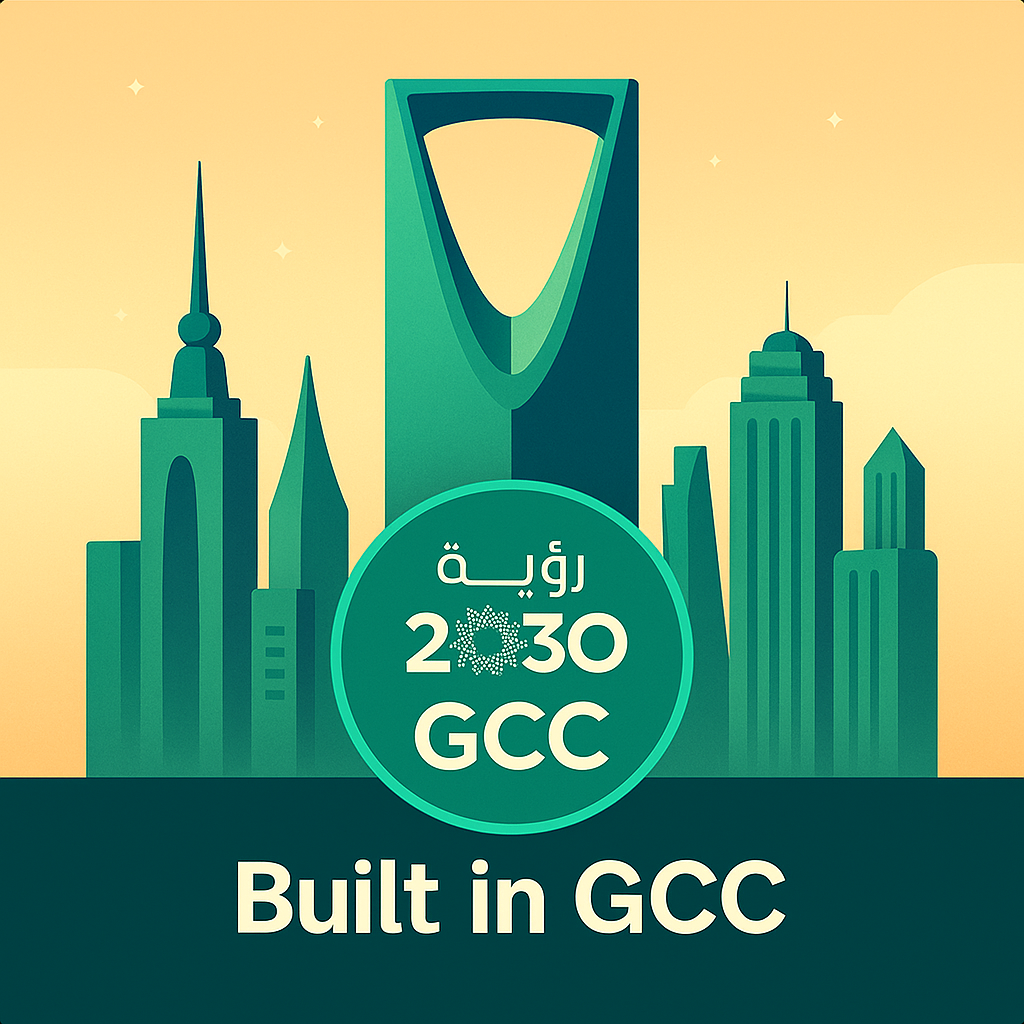 GCC skyline with Saudi Vision 2030 logo featuring modern Middle Eastern architecture and regional identity