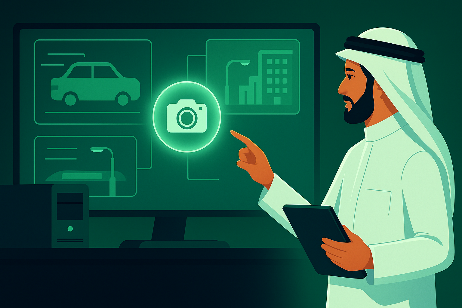 Person in traditional Middle Eastern attire analyzing computer vision interface with vehicle detection, smart city monitoring, and edge device integration