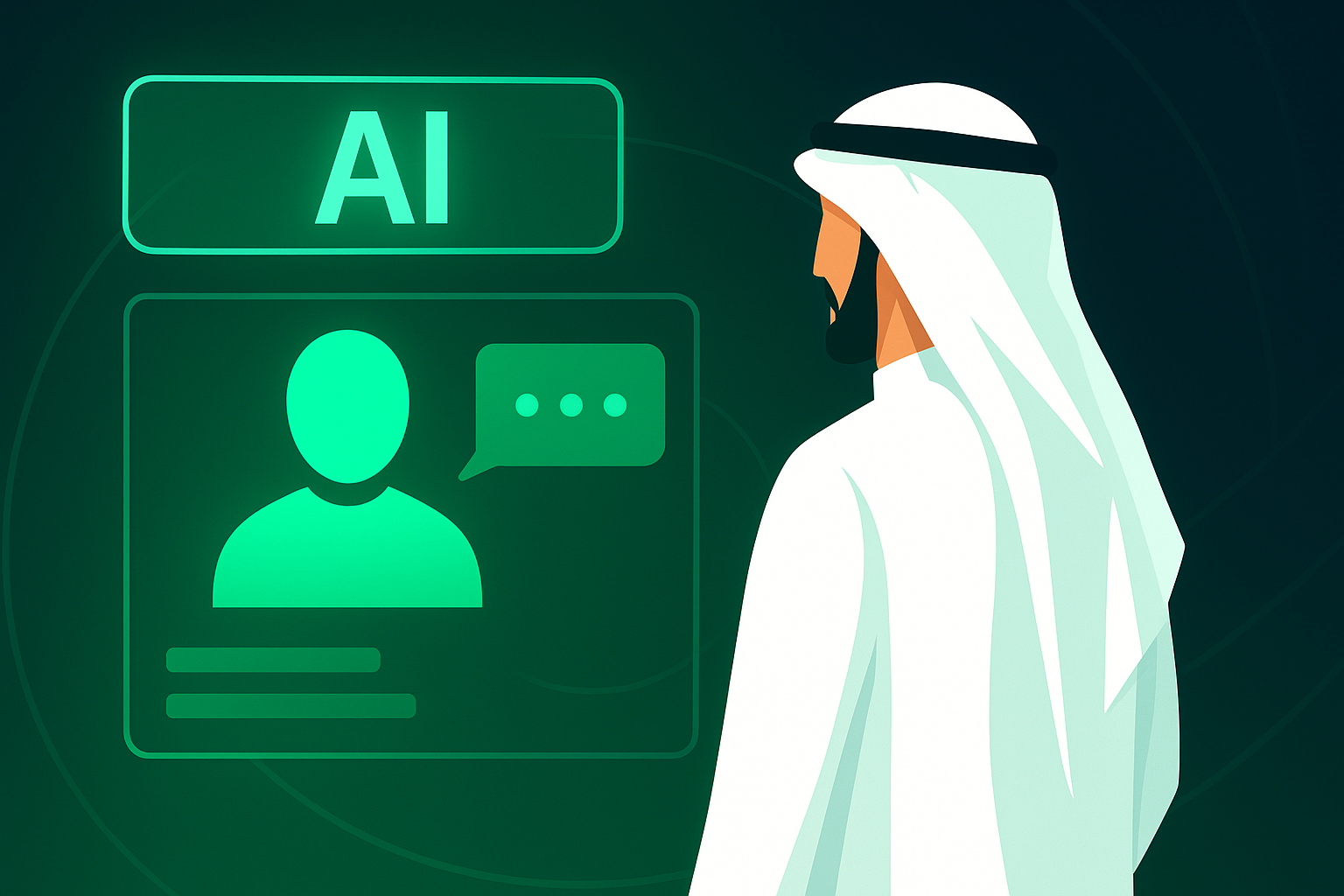 Person in traditional Middle Eastern attire interacting with AI chat interface and user profile system