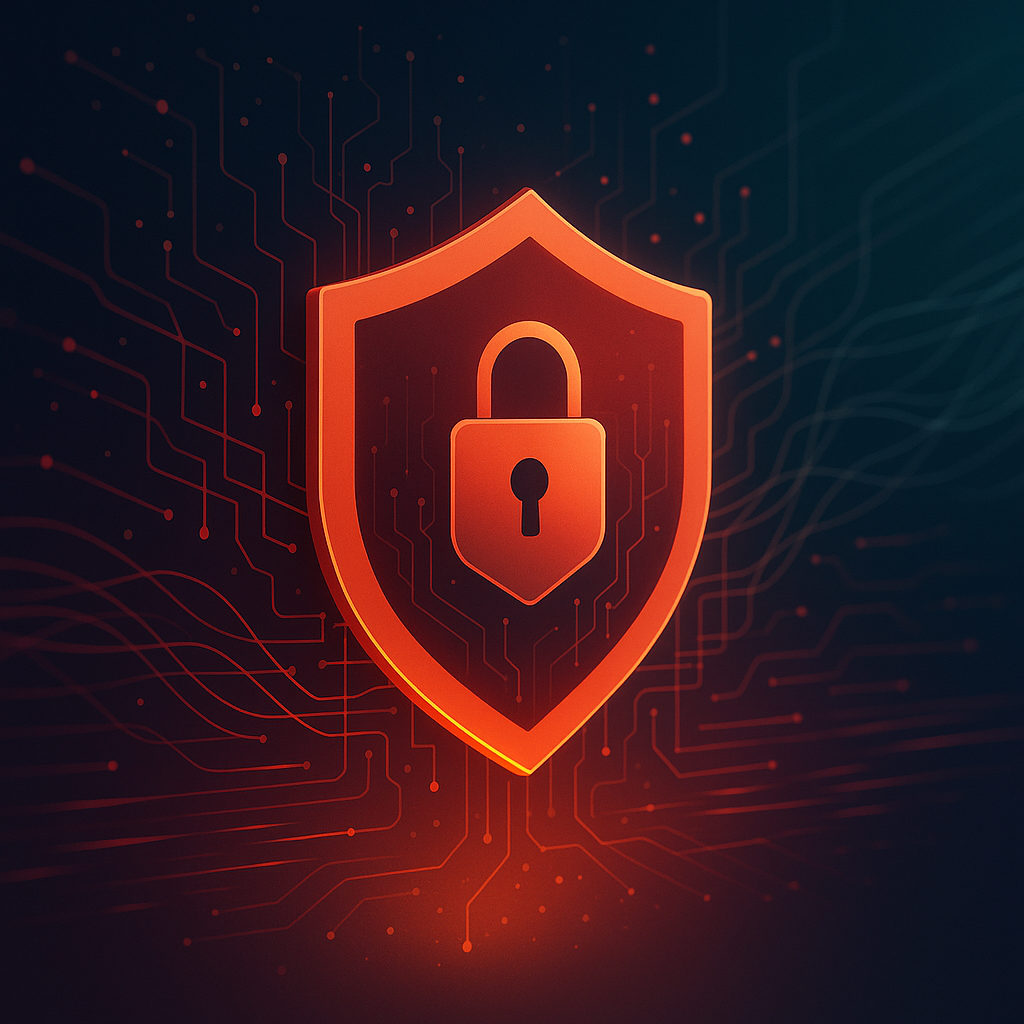 Digital security shield with padlock on circuit board background