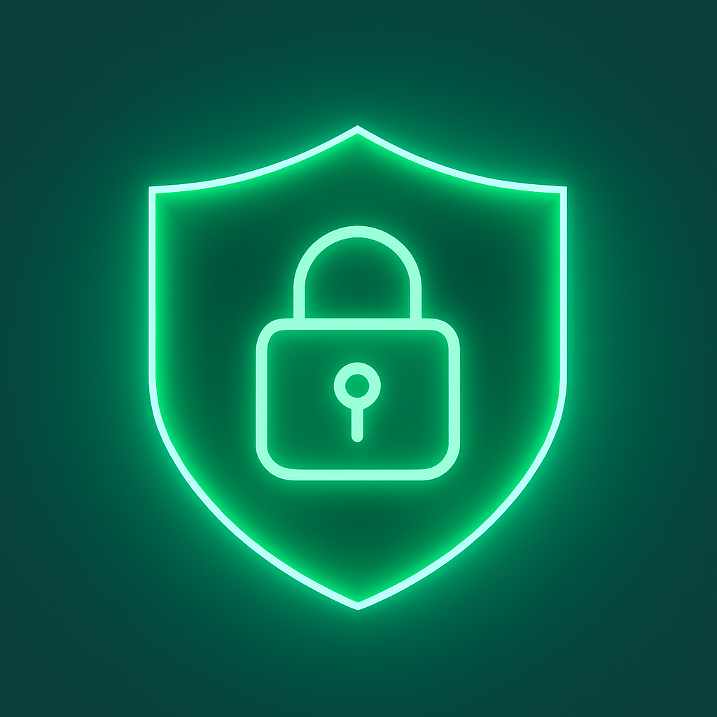 Glowing neon green shield with padlock icon representing security, protection, and trustworthy AI systems