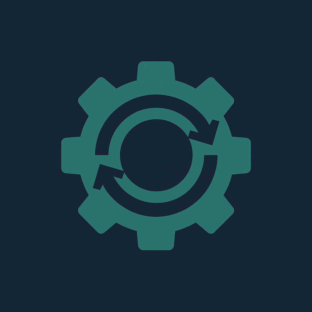 Teal gear with circular arrows representing continuous processes, optimization, and full lifecycle management