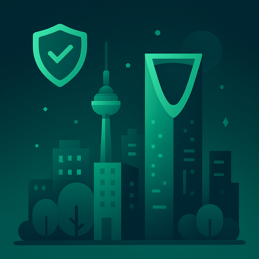 Smart city skyline with iconic Middle Eastern architecture, security shield, and digital connectivity elements