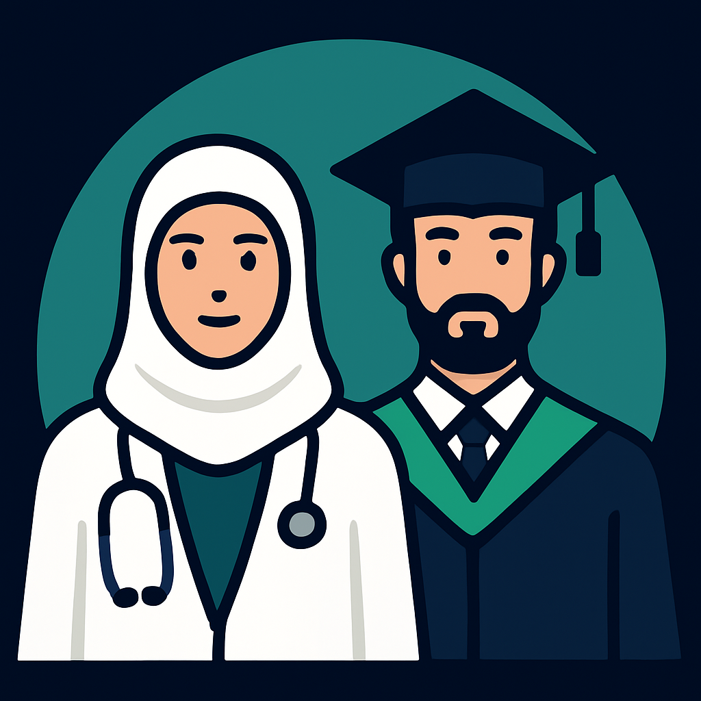 Healthcare professional with hijab and stethoscope alongside educator in graduation cap and gown representing both healthcare and education sectors