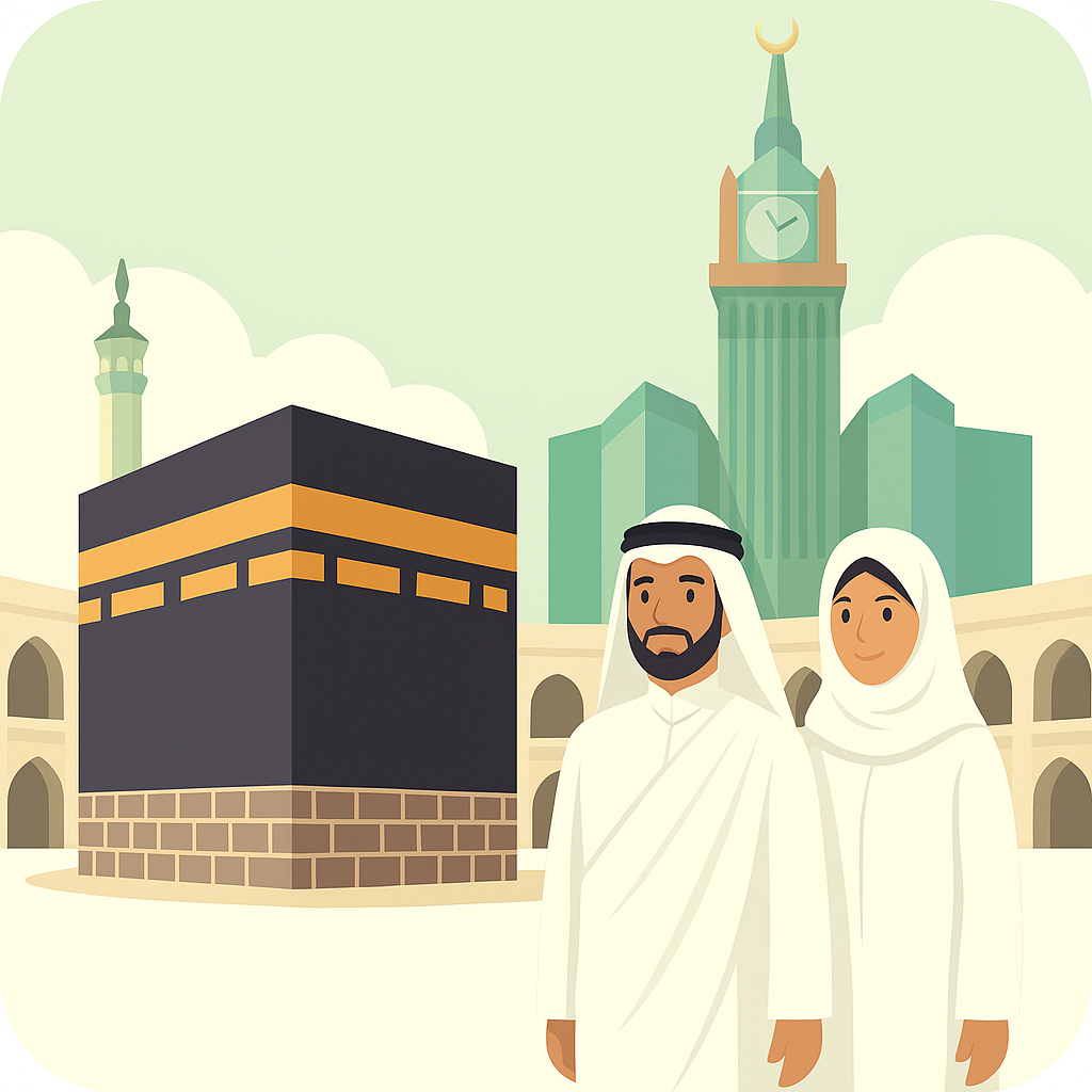 Sacred view of Mecca showing the Kaaba and Abraj Al-Bait Clock Tower with pilgrims in traditional white ihram clothing representing Hajj and Umrah pilgrimage services