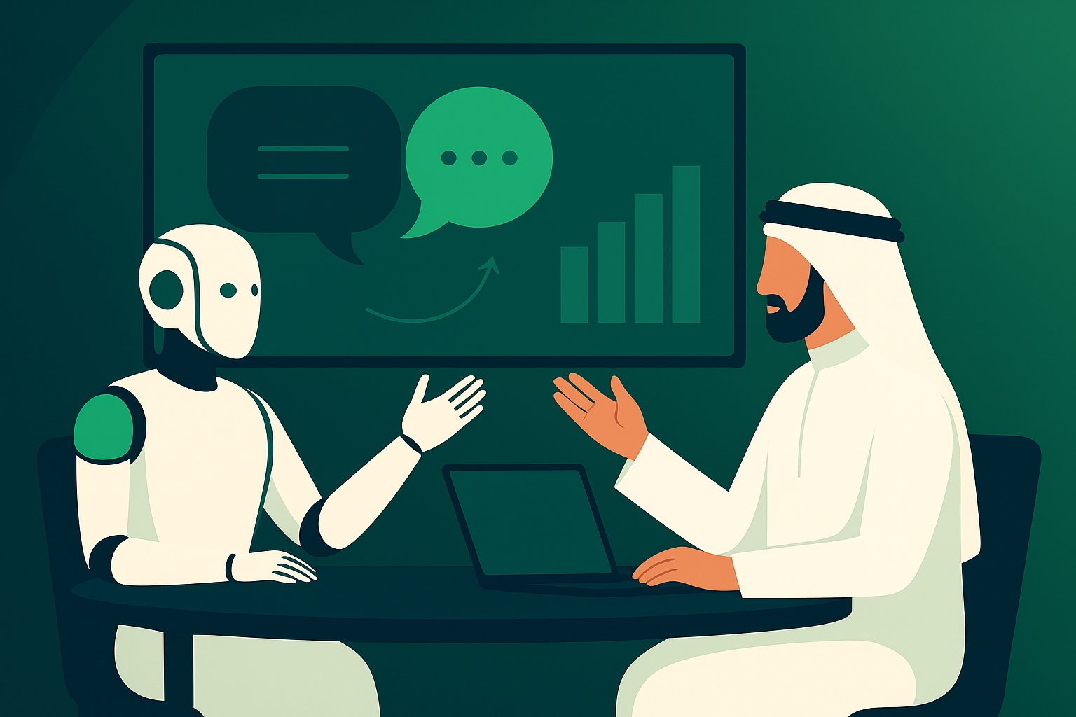 Humanoid robot and person in traditional Middle Eastern attire collaborating at a table with communication and performance metrics displayed on screen