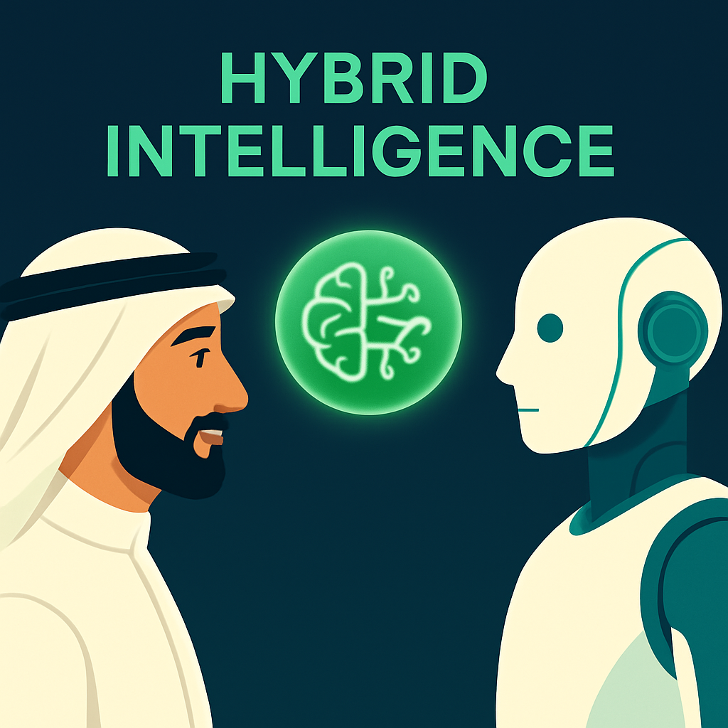 Person in traditional Middle Eastern attire and humanoid AI robot facing each other with neural network connection symbol representing hybrid intelligence collaboration