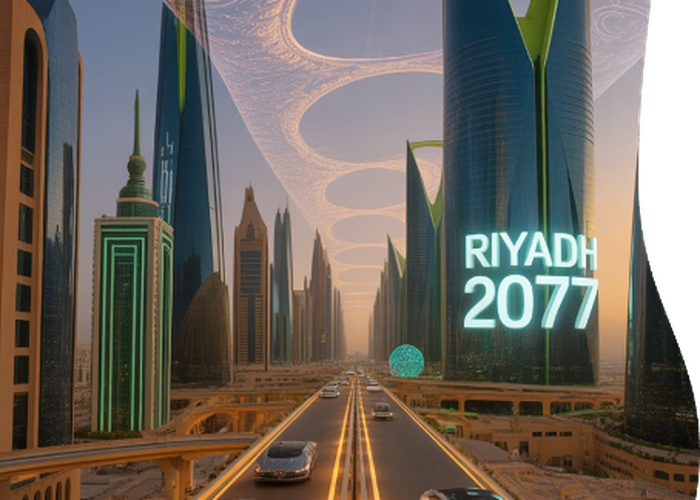 Futuristic Riyadh cityscape with smart transportation and green architecture