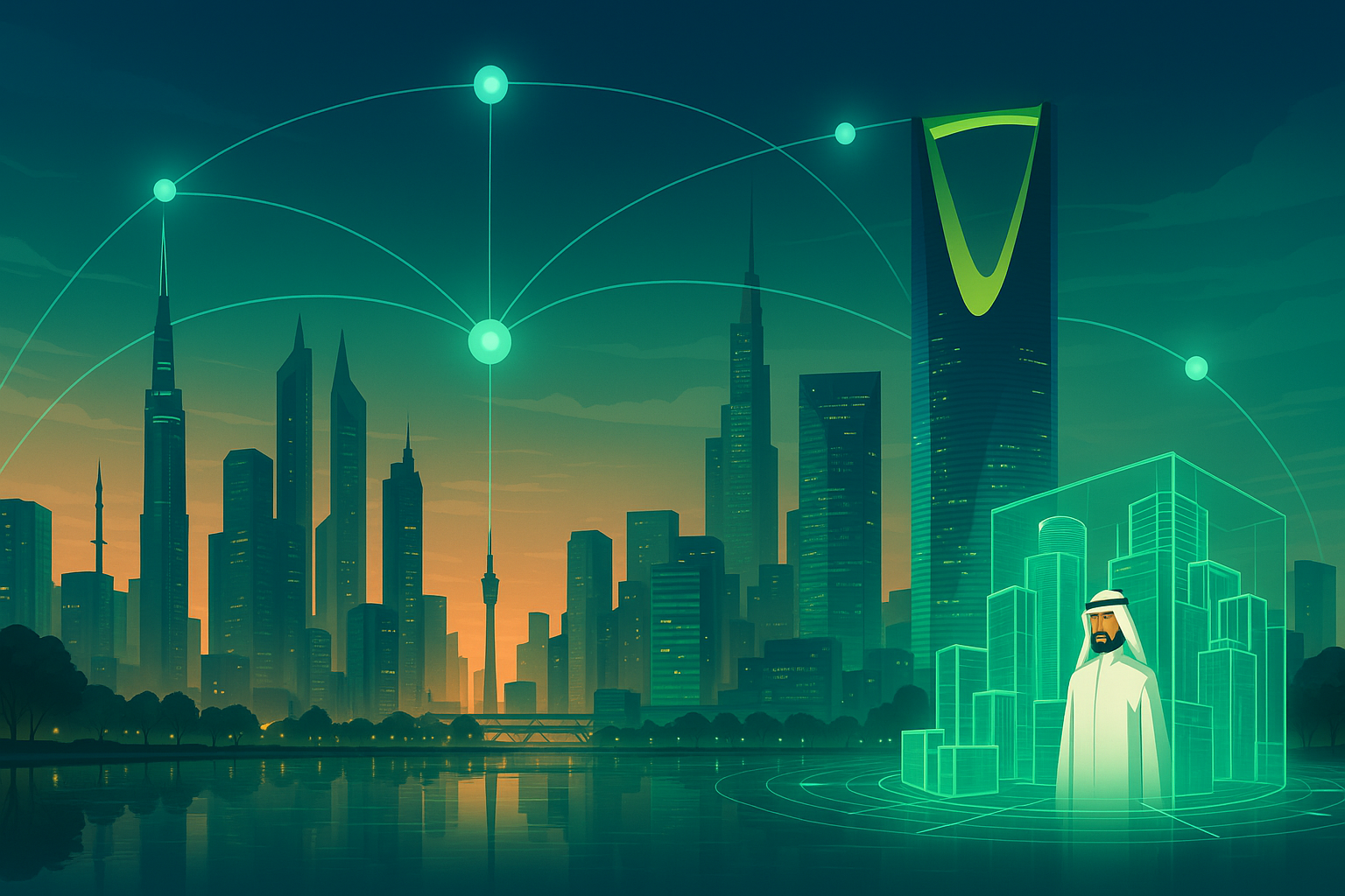 Futuristic smart city with digital twin holographic buildings, IoT network connections, and person in traditional Middle Eastern attire interacting with smart city technology