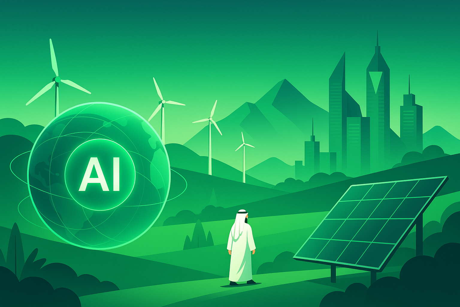 Sustainable technology landscape with AI innovation, renewable energy including wind turbines and solar panels, smart city skyline, and person in traditional Middle Eastern attire representing Saudi Vision 2030