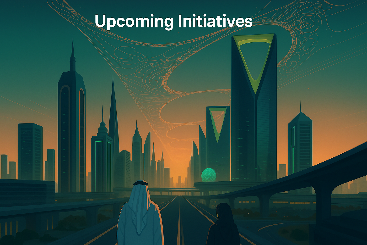 Futuristic Middle Eastern cityscape with person in traditional attire looking toward innovative smart city development, featuring flowing digital energy streams and the Kingdom Tower
