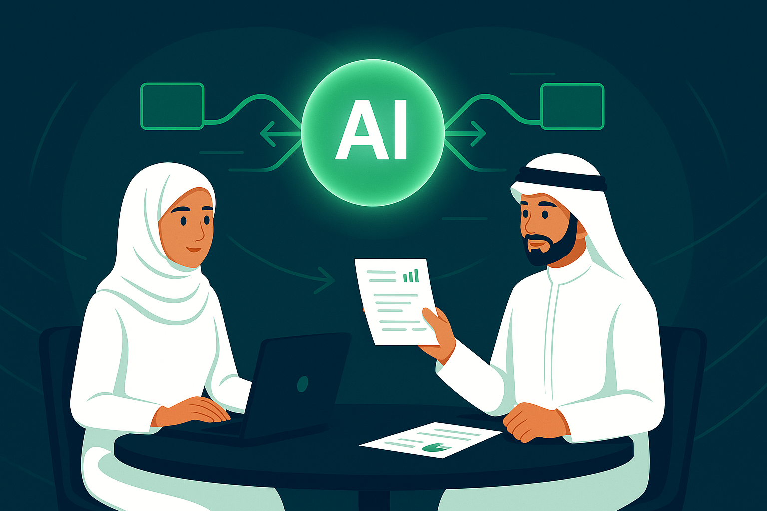 Business professionals in traditional Middle Eastern attire collaborating with AI-powered analytics and data visualization in a modern workplace setting